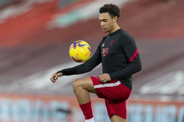 LIVERPOOL, ENGLAND - Thursday, January 21, 2021: Liverpool's Trent Alexander-Arnold during the pre-match warm-up before the FA Premier League match between Liverpool FC and Burnley FC at Anfield. (Pic by David Rawcliffe/Propaganda)