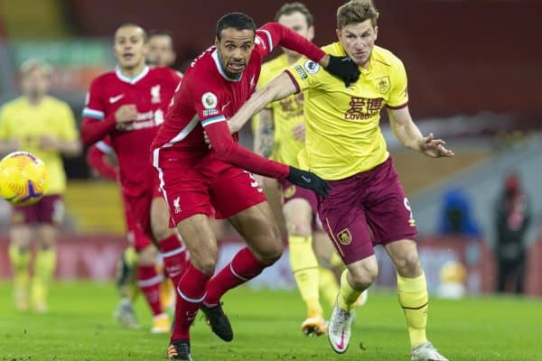 LIVERPOOL, ENGLAND - Thursday, January 21, 2021: Liverpool's Joel Matip (L) and Burnley's Chris Wood during the FA Premier League match between Liverpool FC and Burnley FC at Anfield. (Pic by David Rawcliffe/Propaganda)