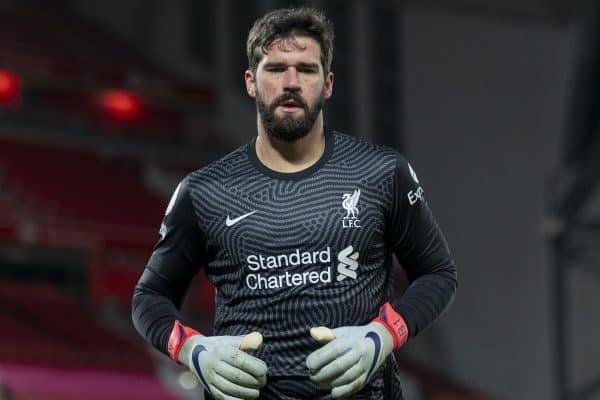 LIVERPOOL, ENGLAND - Thursday, January 21, 2021: Liverpool's goalkeeper Alisson Becker during the FA Premier League match between Liverpool FC and Burnley FC at Anfield. (Pic by David Rawcliffe/Propaganda)