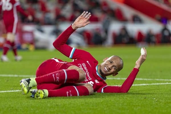 LIVERPOOL, ENGLAND - Thursday, January 21, 2021: Liverpool's Fabio Henrique Tavares 'Fabinho' goes down injured during the FA Premier League match between Liverpool FC and Burnley FC at Anfield. (Pic by David Rawcliffe/Propaganda)