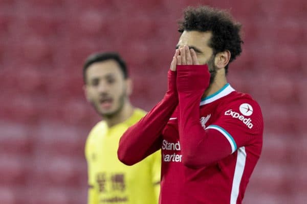 LIVERPOOL, ENGLAND - Thursday, January 21, 2021: Liverpool's Mohamed Salah looks dejected after missing a chance during the FA Premier League match between Liverpool FC and Burnley FC at Anfield. (Pic by David Rawcliffe/Propaganda)