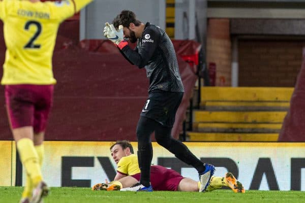 LIVERPOOL, ENGLAND - Thursday, January 21, 2021: Liverpool's goalkeeper Alisson Becker reacts after giving away a penalty during the FA Premier League match between Liverpool FC and Burnley FC at Anfield. (Pic by David Rawcliffe/Propaganda)