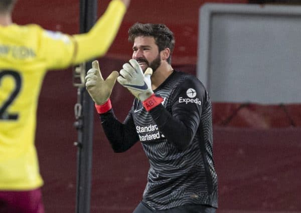LIVERPOOL, ENGLAND - Thursday, January 21, 2021: Liverpool's goalkeeper Alisson Becker reacts after giving away a penalty during the FA Premier League match between Liverpool FC and Burnley FC at Anfield. (Pic by David Rawcliffe/Propaganda)