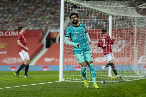 LIVERPOOL, ENGLAND - Sunday, January 24, 2021: Liverpool's Mohamed Salah celebrates after scoring the first goal during the FA Cup 4th Round match between Manchester United FC and Liverpool FC at Old Trafford. (Pic by David Rawcliffe/Propaganda)