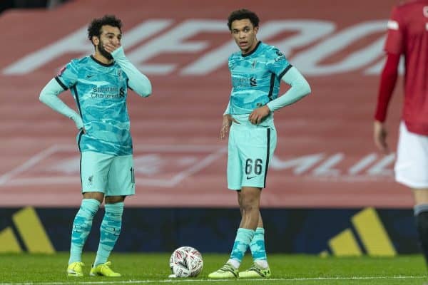 LIVERPOOL, ENGLAND - Sunday, January 24, 2021: Liverpool's Mohamed Salah (L) and Trent Alexander-Arnold prepare to take a free-kick during the FA Cup 4th Round match between Manchester United FC and Liverpool FC at Old Trafford. (Pic by David Rawcliffe/Propaganda)