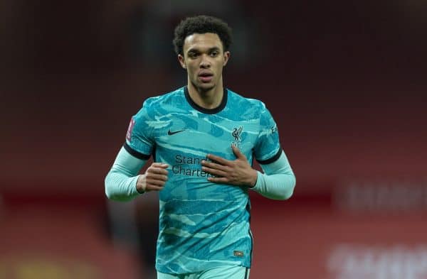 LIVERPOOL, ENGLAND - Sunday, January 24, 2021: Liverpool's Trent Alexander-Arnold during the FA Cup 4th Round match between Manchester United FC and Liverpool FC at Old Trafford. (Pic by David Rawcliffe/Propaganda)