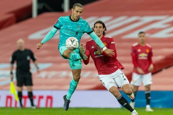 LIVERPOOL, ENGLAND - Sunday, January 24, 2021: Liverpool's Thiago Alcantara (L) Manchester United's Edinson Cavani during the FA Cup 4th Round match between Manchester United FC and Liverpool FC at Old Trafford. (Pic by David Rawcliffe/Propaganda)