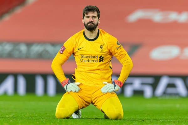 LIVERPOOL, ENGLAND - Sunday, January 24, 2021: Liverpool's goalkeeper Alisson Becker looks dejected as Manchester United score the second goal during the FA Cup 4th Round match between Manchester United FC and Liverpool FC at Old Trafford. (Pic by David Rawcliffe/Propaganda)