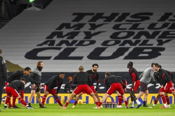 LONDON, ENGLAND - Thursday, January 28, 2021: Liverpool's Mohamed Salah and team-mates during the pre-match warm-up before the FA Premier League match between Tottenham Hotspur FC and Liverpool FC at the Tottenham Hotspur Stadium. (Pic by Propaganda)