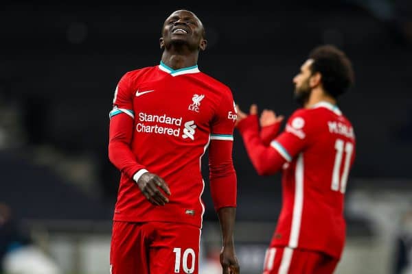 LONDON, ENGLAND - Thursday, January 28, 2021: Liverpool's Sadio Mané looks dejected after missing a chance during the FA Premier League match between Tottenham Hotspur FC and Liverpool FC at the Tottenham Hotspur Stadium. (Pic by Propaganda)