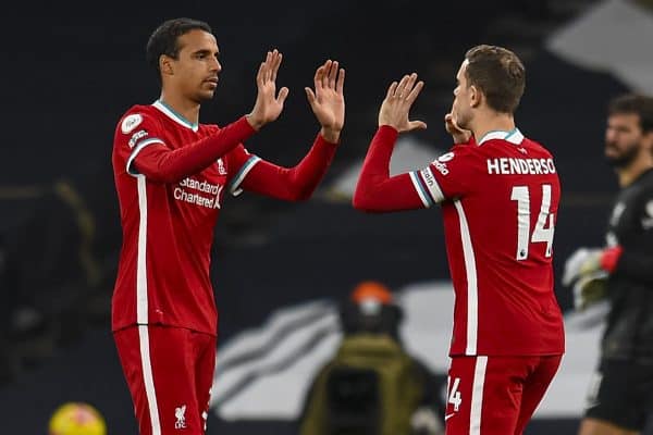 LONDON, ENGLAND - Thursday, January 28, 2021: Liverpool's Joel Matip (L) and captain Jordan Henderson before the FA Premier League match between Tottenham Hotspur FC and Liverpool FC at the Tottenham Hotspur Stadium. (Pic by Propaganda)