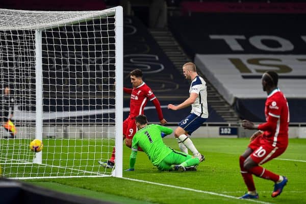 LONDON, ENGLAND - Thursday, January 28, 2021: Liverpool's Roberto Firmino scores the first goal with the last kick of the first half during the FA Premier League match between Tottenham Hotspur FC and Liverpool FC at the Tottenham Hotspur Stadium. (Pic by Propaganda)