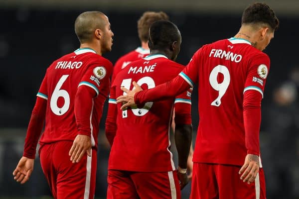 LONDON, ENGLAND - Thursday, January 28, 2021: Liverpool's Roberto Firmino (R) celebrates with team-mates after scoring the first goal with the last kick of the first half during the FA Premier League match between Tottenham Hotspur FC and Liverpool FC at the Tottenham Hotspur Stadium. (Pic by Propaganda)