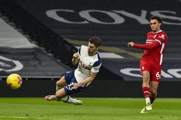 LONDON, ENGLAND - Thursday, January 28, 2021: Liverpool's Trent Alexander-Arnold scores the second goal during the FA Premier League match between Tottenham Hotspur FC and Liverpool FC at the Tottenham Hotspur Stadium. (Pic by Propaganda)