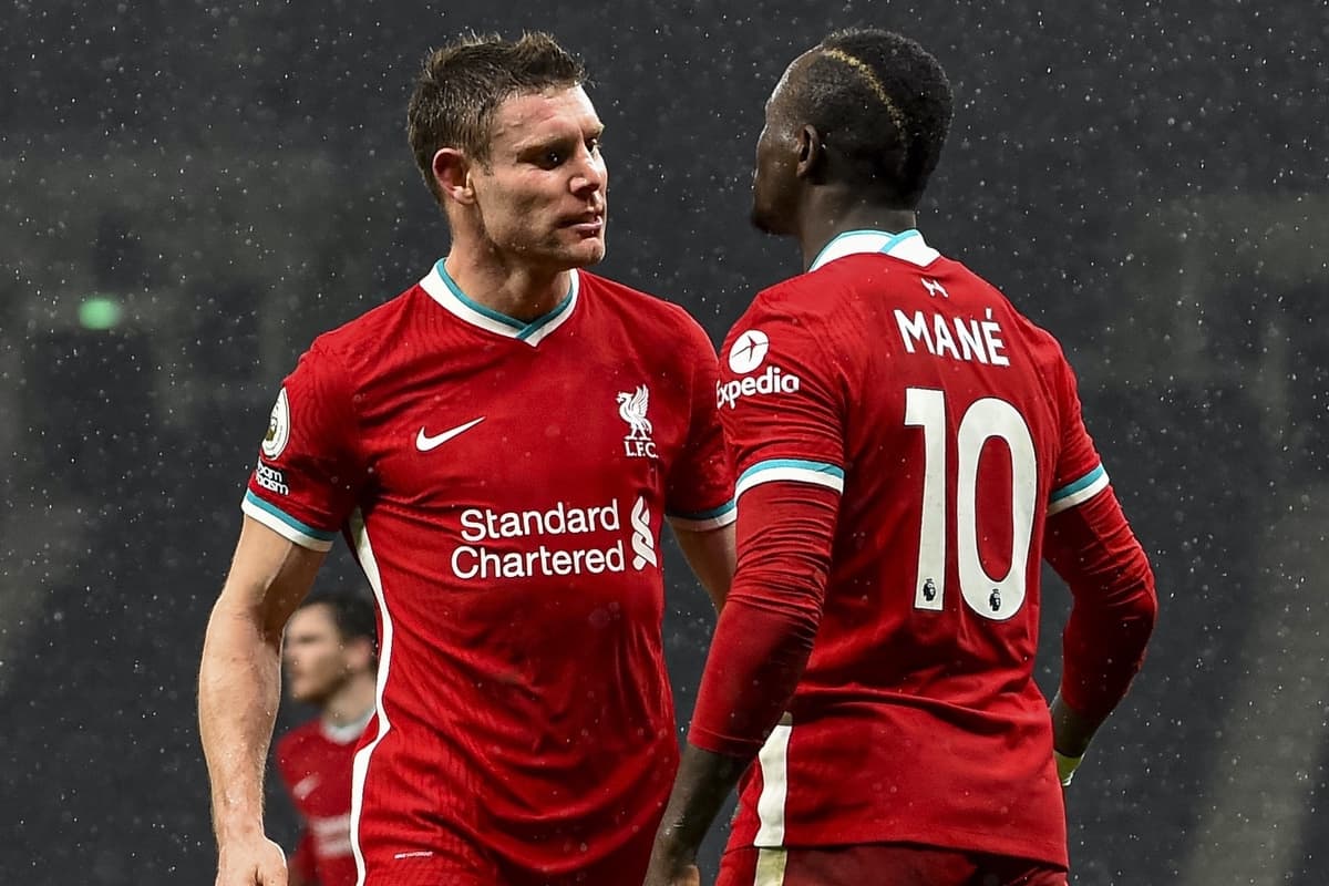 LONDON, ENGLAND - Thursday, January 28, 2021: Liverpool's Sadio Mané (R) celebrates with team-mate James Milner after scoring the third goal during the FA Premier League match between Tottenham Hotspur FC and Liverpool FC at the Tottenham Hotspur Stadium. (Pic by Propaganda)