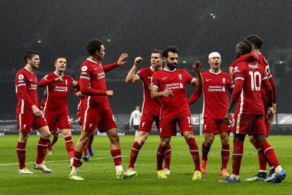 LONDON, ENGLAND - Thursday, January 28, 2021: Liverpool's Sadio Mané (R) celebrates with team-mates after scoring the third goal during the FA Premier League match between Tottenham Hotspur FC and Liverpool FC at the Tottenham Hotspur Stadium. (Pic by Propaganda)