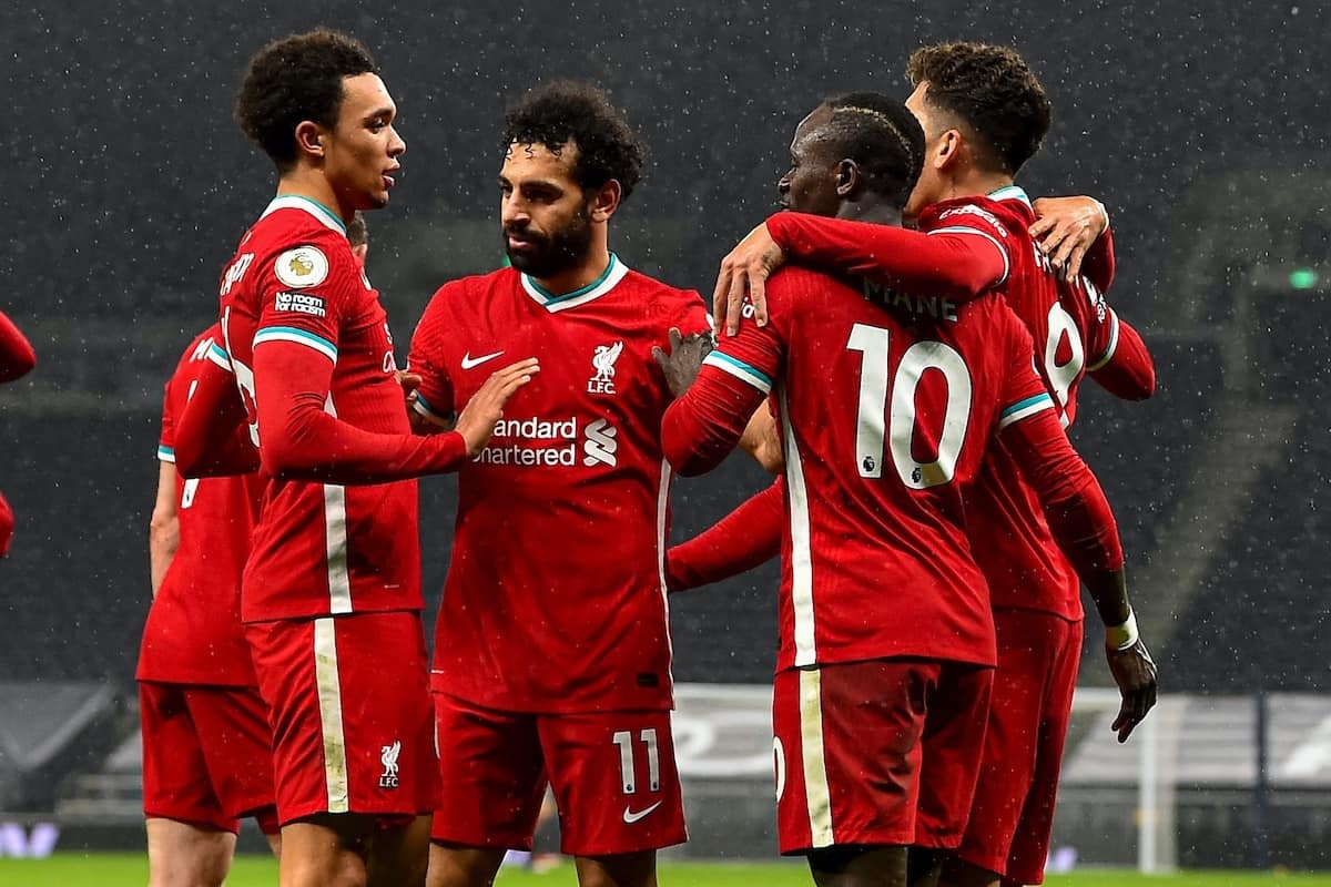 LONDON, ENGLAND - Thursday, January 28, 2021: Liverpool's Sadio Mané (R) celebrates with team-mates after scoring the third goal during the FA Premier League match between Tottenham Hotspur FC and Liverpool FC at the Tottenham Hotspur Stadium. (Pic by Propaganda)