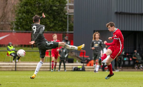 KIRKBY, ENGLAND - Saturday, January 30, 2021: Liverpool's Tyler Morton scores his side's first goal to make the score 1-2 during the Premier League 2 Division 1 match between Liverpool FC Under-23's and Manchester United FC Under-23's at the Liverpool Academy. (Pic by David Rawcliffe/Propaganda)