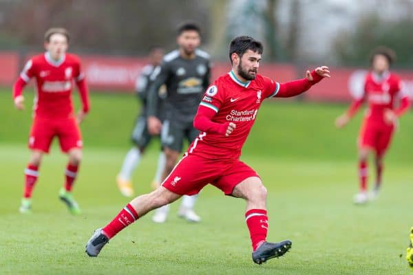 KIRKBY, ENGLAND - Saturday, January 30, 2021: Liverpool's substitute Joe Hardy during the Premier League 2 Division 1 match between Liverpool FC Under-23's and Manchester United FC Under-23's at the Liverpool Academy. (Pic by David Rawcliffe/Propaganda)