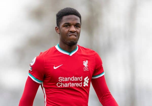 KIRKBY, ENGLAND - Saturday, January 30, 2021: Liverpool's Billy Koumetio looks dejected after the Premier League 2 Division 1 match between Liverpool FC Under-23's and Manchester United FC Under-23's at the Liverpool Academy. manager Barry Lewtas won 6-3. (Pic by David Rawcliffe/Propaganda)