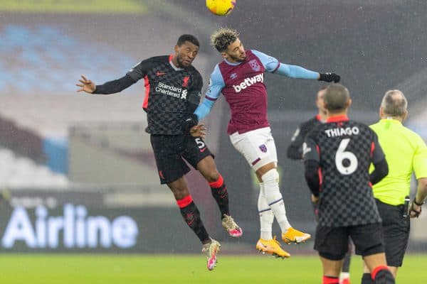 LONDON, ENGLAND - Sunday, January 31, 2021: Liverpool's Georginio Wijnaldum (L) challenges for a header with West Ham United's Saïd Benrahma during the FA Premier League match between West Ham United FC and Liverpool FC at the London Stadium. (Pic by David Rawcliffe/Propaganda)