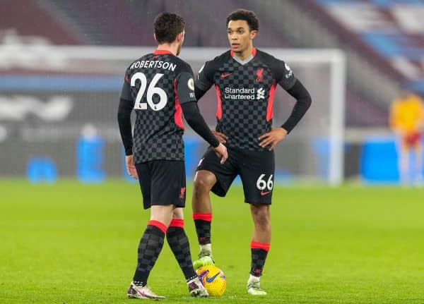 LONDON, ENGLAND - Sunday, January 31, 2021: Liverpool's Trent Alexander-Arnold (R) and Andy Robertson during the FA Premier League match between West Ham United FC and Liverpool FC at the London Stadium. (Pic by David Rawcliffe/Propaganda)