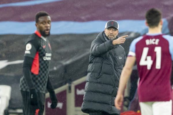 LONDON, ENGLAND - Sunday, January 31, 2021: Liverpool's manager Jürgen Klopp during the FA Premier League match between West Ham United FC and Liverpool FC at the London Stadium. (Pic by David Rawcliffe/Propaganda)