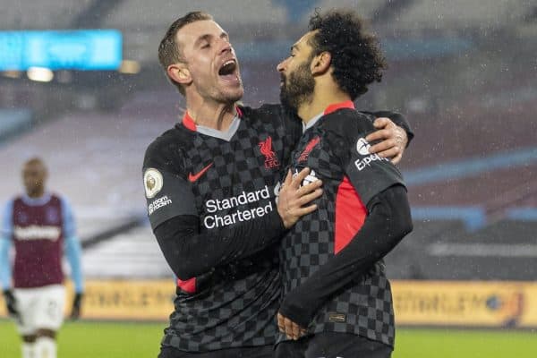 LONDON, ENGLAND - Sunday, January 31, 2021: Liverpool's Mohamed Salah celebrates with team-mate captain Jordan Henderson (L) after scoring the second goal during the FA Premier League match between West Ham United FC and Liverpool FC at the London Stadium. (Pic by David Rawcliffe/Propaganda)