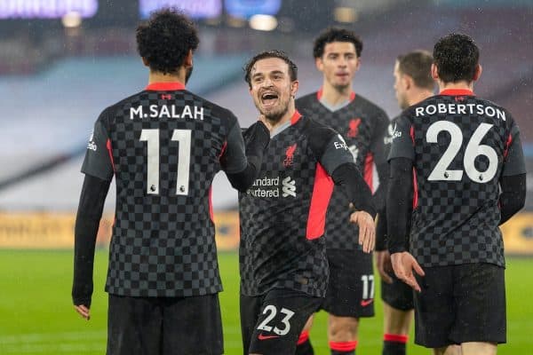 LONDON, ENGLAND - Sunday, January 31, 2021: Liverpool's Mohamed Salah celebrates with team-mate captain Jordan Henderson (R) after scoring the second goal during the FA Premier League match between West Ham United FC and Liverpool FC at the London Stadium. (Pic by David Rawcliffe/Propaganda)