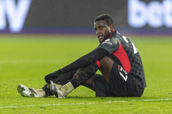 LONDON, ENGLAND - Sunday, January 31, 2021: Liverpool's Divock Origi goes down injured during the FA Premier League match between West Ham United FC and Liverpool FC at the London Stadium. (Pic by David Rawcliffe/Propaganda)