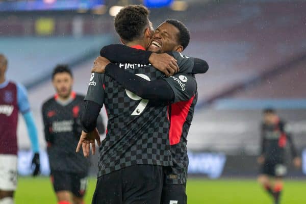 LONDON, ENGLAND - Sunday, January 31, 2021: Liverpool's Georginio Wijnaldum (R) celebrates with team-mate Roberto Firmino after scoring the third goalduring the FA Premier League match between West Ham United FC and Liverpool FC at the London Stadium. (Pic by David Rawcliffe/Propaganda)