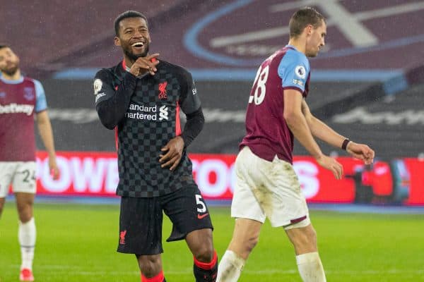 LONDON, ENGLAND - Sunday, January 31, 2021: Liverpool's Georginio Wijnaldum celebrates after scoring the third goalduring the FA Premier League match between West Ham United FC and Liverpool FC at the London Stadium. (Pic by David Rawcliffe/Propaganda)