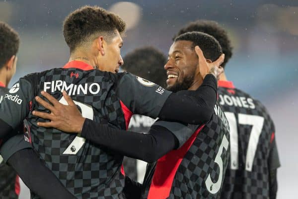 LONDON, ENGLAND - Sunday, January 31, 2021: Liverpool's Georginio Wijnaldum (R) celebrates with team-mate Roberto Firmino after scoring the third goalduring the FA Premier League match between West Ham United FC and Liverpool FC at the London Stadium. (Pic by David Rawcliffe/Propaganda)