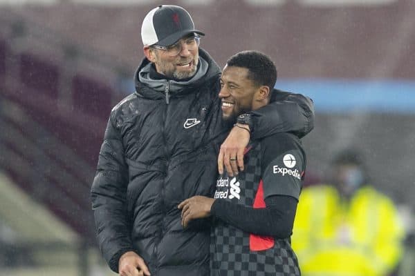 LONDON, ENGLAND - Sunday, January 31, 2021: Liverpool's manager Jürgen Klopp (L) and Georginio Wijnaldum after the FA Premier League match between West Ham United FC and Liverpool FC at the London Stadium. Liverpool won 3-1. (Pic by David Rawcliffe/Propaganda)