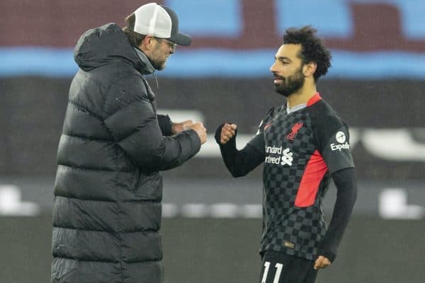 LONDON, ENGLAND - Sunday, January 31, 2021: Liverpool's manager Jürgen Klopp (L) and Mohamed Salah after the FA Premier League match between West Ham United FC and Liverpool FC at the London Stadium. Liverpool won 3-1. (Pic by David Rawcliffe/Propaganda)