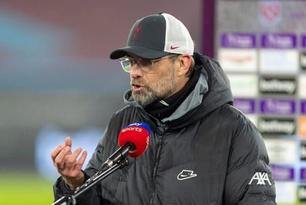 LONDON, ENGLAND - Sunday, January 31, 2021: Liverpool's manager Jürgen Klopp gives a television interview after the FA Premier League match between West Ham United FC and Liverpool FC at the London Stadium. Liverpool won 3-1. (Pic by David Rawcliffe/Propaganda)