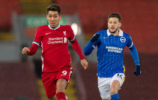 LIVERPOOL, ANGLETERRE - Mercredi 3 février 2021 : Roberto Firmino de Liverpool lors du match de FA Premier League entre le Liverpool FC et le Brighton & Hove Albion FC à Anfield.  (Photo de David Rawcliffe/Propaganda)