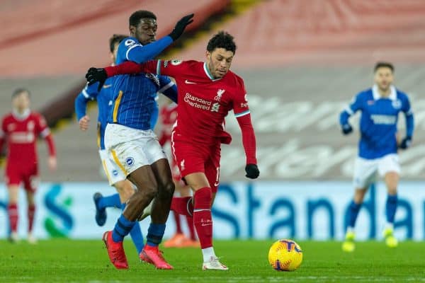 LIVERPOOL, ENGLAND - Wednesday, February 3, 2021: Liverpool's Alex Oxlade-Chamberlain (R) and Brighton & Hove Albion's Yves Bissouma during the FA Premier League match between Liverpool FC and Brighton & Hove Albion FC at Anfield. (Pic by David Rawcliffe/Propaganda)