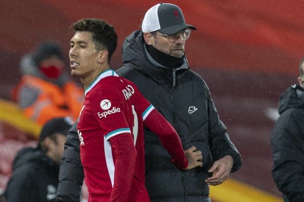 LIVERPOOL, ENGLAND - Wednesday, February 3, 2021: Liverpool's Roberto Firmino and manager Jürgen Klopp during the FA Premier League match between Liverpool FC and Brighton & Hove Albion FC at Anfield. (Pic by David Rawcliffe/Propaganda)