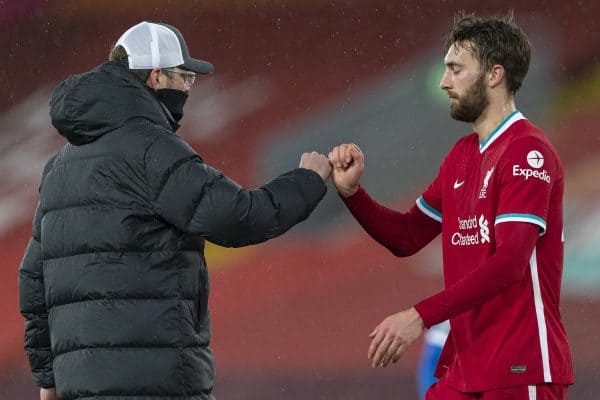 LIVERPOOL, ENGLAND - Wednesday, February 3, 2021: manager Jürgen Klopp and Nathaniel Phillips at the final whistle during the FA Premier League match between Liverpool FC and Brighton & Hove Albion FC at Anfield. Brighton & Hove Albion won 1-0. (Pic by David Rawcliffe/Propaganda)