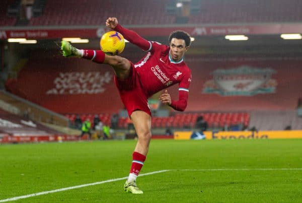 LIVERPOOL, ENGLAND - Wednesday, February 3, 2021: Liverpool's Trent Alexander-Arnold during the FA Premier League match between Liverpool FC and Brighton & Hove Albion FC at Anfield. (Pic by David Rawcliffe/Propaganda)