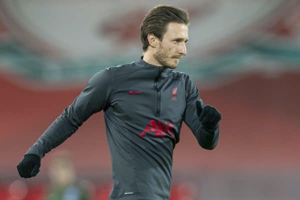 LIVERPOOL, ENGLAND - Wednesday, February 3, 2021: Liverpool's Ben Davies during the pre-match warm-up before the FA Premier League match between Liverpool FC and Brighton & Hove Albion FC at Anfield. (Pic by David Rawcliffe/Propaganda)