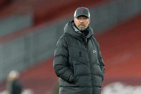 LIVERPOOL, ENGLAND - Wednesday, February 3, 2021: Liverpool's manager Jürgen Klopp during the pre-match warm-up before the FA Premier League match between Liverpool FC and Brighton & Hove Albion FC at Anfield. (Pic by David Rawcliffe/Propaganda)