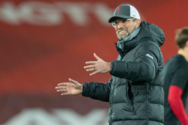 LIVERPOOL, ENGLAND - Wednesday, February 3, 2021: Liverpool's manager Jürgen Klopp during the pre-match warm-up before the FA Premier League match between Liverpool FC and Brighton & Hove Albion FC at Anfield. (Pic by David Rawcliffe/Propaganda)