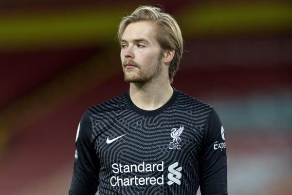 LIVERPOOL, ENGLAND - Wednesday, February 3, 2021: Liverpool's goalkeeper Caoimhin Kelleher during the FA Premier League match between Liverpool FC and Brighton & Hove Albion FC at Anfield. (Pic by David Rawcliffe/Propaganda)