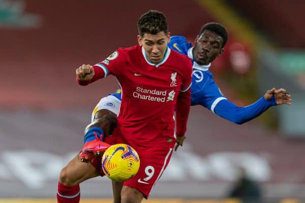 LIVERPOOL, ENGLAND - Wednesday, February 3, 2021: Liverpool's Roberto Firmino and Brighton & Hove Albion's Yves Bissouma during the FA Premier League match between Liverpool FC and Brighton & Hove Albion FC at Anfield. (Pic by David Rawcliffe/Propaganda)