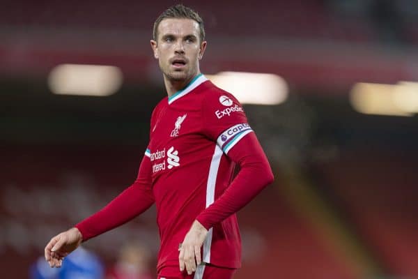 LIVERPOOL, ENGLAND - Wednesday, February 3, 2021: Liverpool's 10pmcaptain Jordan Henderson during the FA Premier League match between Liverpool FC and Brighton & Hove Albion FC at Anfield. (Pic by David Rawcliffe/Propaganda)