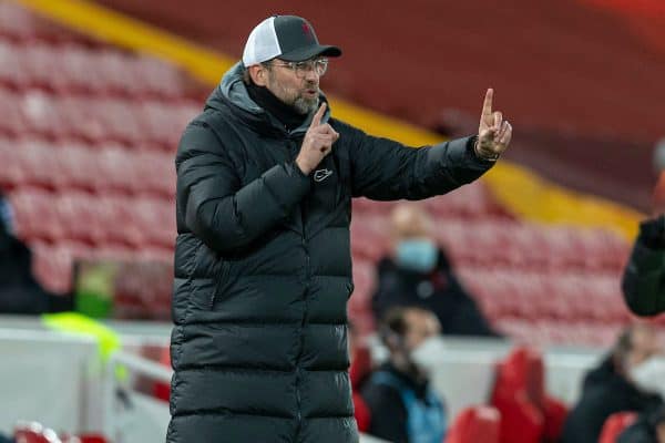 LIVERPOOL, ENGLAND - Wednesday, February 3, 2021: Liverpool's manager Jürgen Klopp during the FA Premier League match between Liverpool FC and Brighton & Hove Albion FC at Anfield. (Pic by David Rawcliffe/Propaganda)