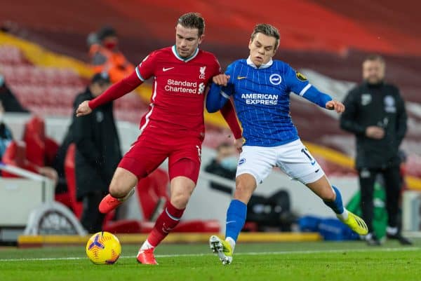 LIVERPOOL, ENGLAND - Wednesday, February 3, 2021: Liverpool's captain Jordan Henderson (L) and Brighton & Hove Albion's Leandro Trossard during the FA Premier League match between Liverpool FC and Brighton & Hove Albion FC at Anfield. (Pic by David Rawcliffe/Propaganda)