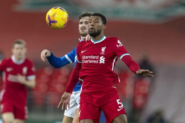 LIVERPOOL, ENGLAND - Wednesday, February 3, 2021: Liverpool's Georginio Wijnaldum (R) and Brighton & Hove Albion's Pascal Gross during the FA Premier League match between Liverpool FC and Brighton & Hove Albion FC at Anfield. (Pic by David Rawcliffe/Propaganda)